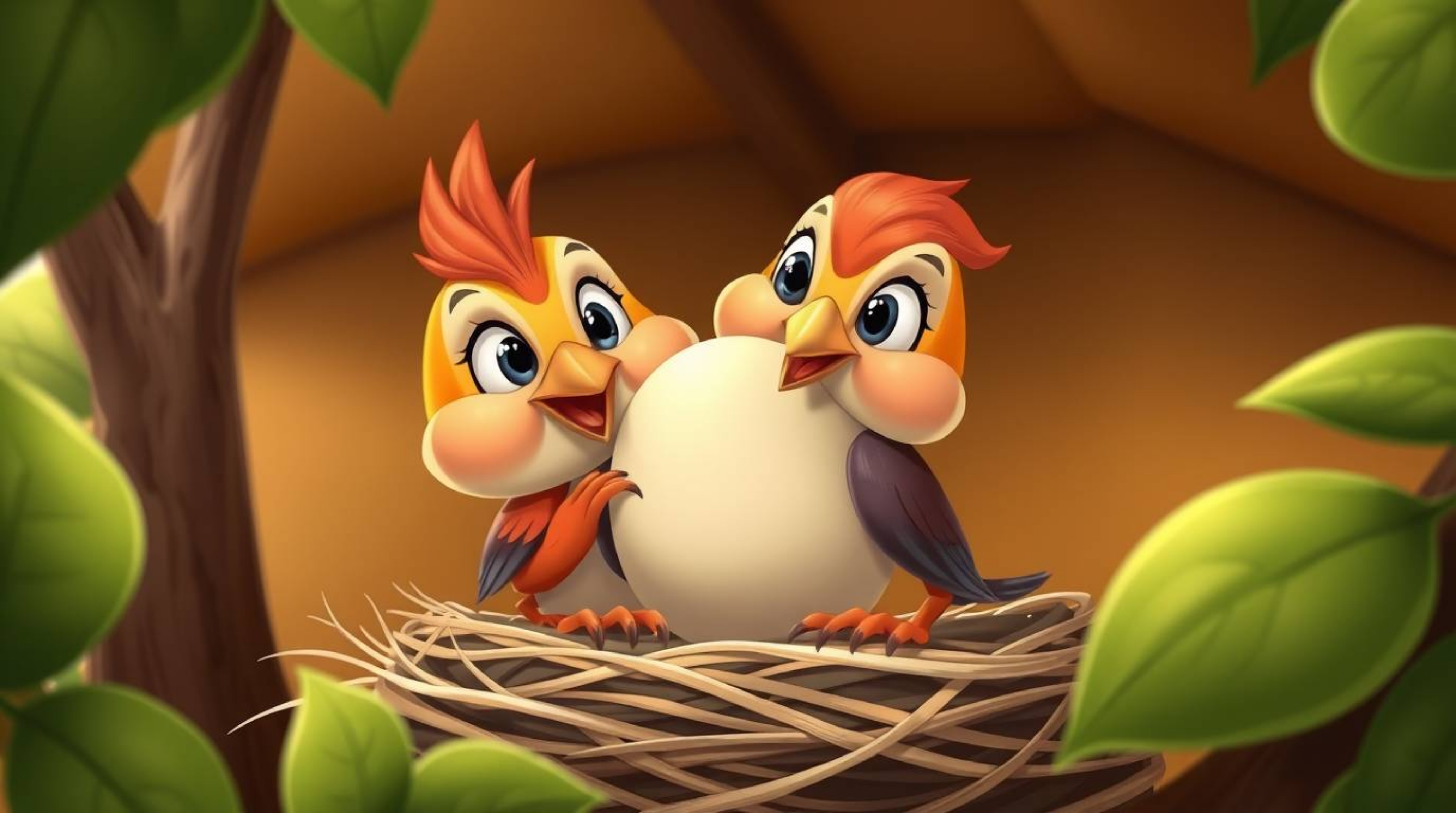 Two charming cartoon birds, depicted with refined features in a classic animation style, are diligently building a nest. The
