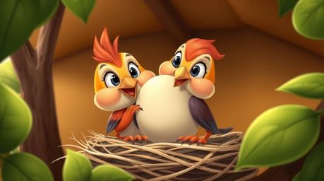 Two charming cartoon birds, depicted with refined features in a classic animation style, are diligently building a nest. The