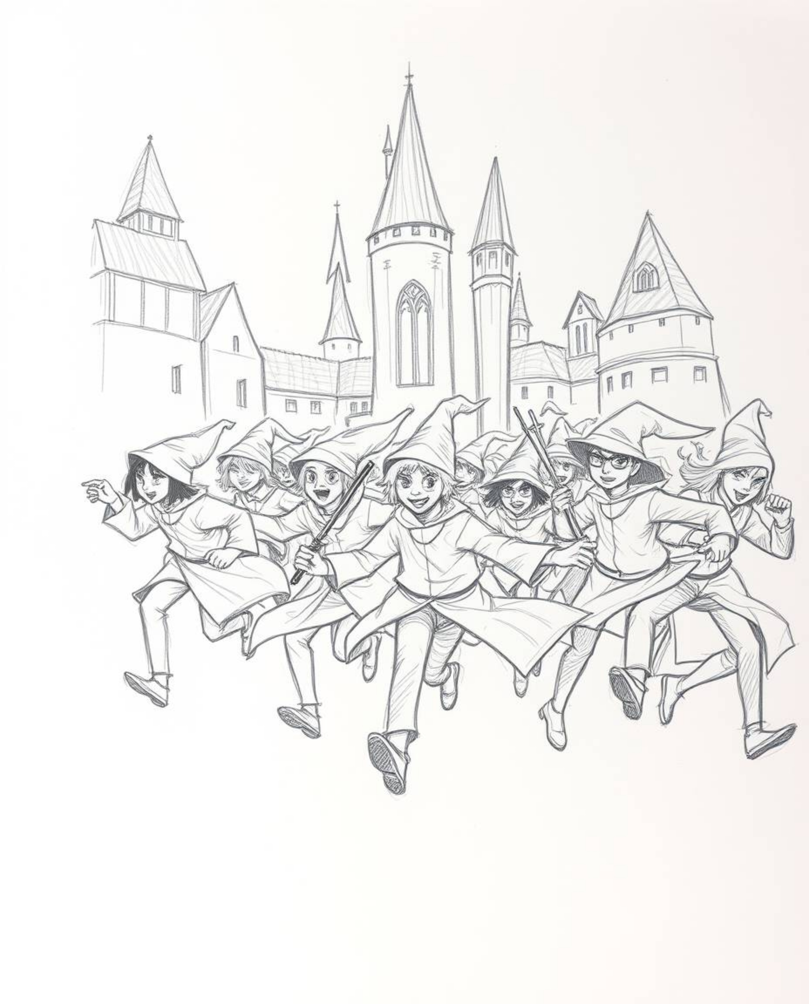 A captivating hand-drawn sketch depicts a bustling magical school teeming with young wizards in dynamic motion. The artwork f