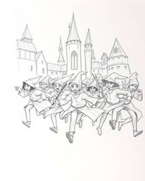 A captivating hand-drawn sketch depicts a bustling magical school teeming with young wizards in dynamic motion. The artwork f