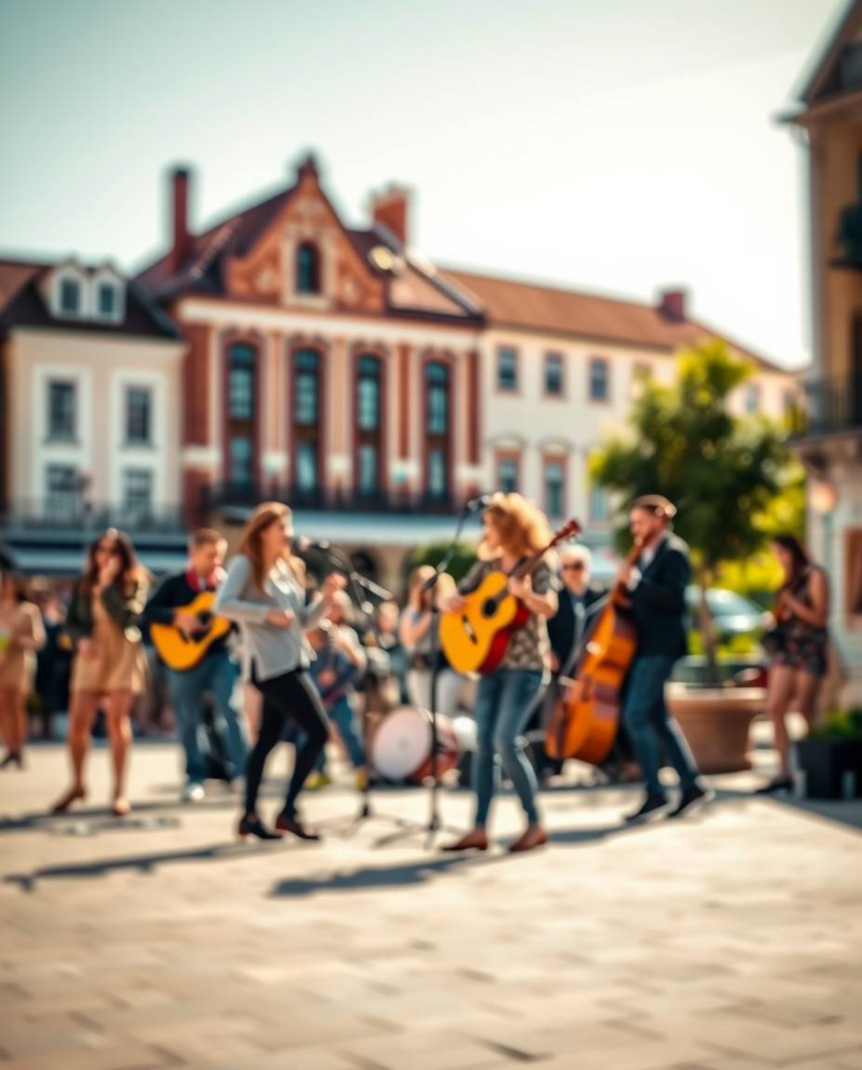 Experience a vibrant musical number set in a bright town square, rendered in a modern flat design aesthetic. The scene featur