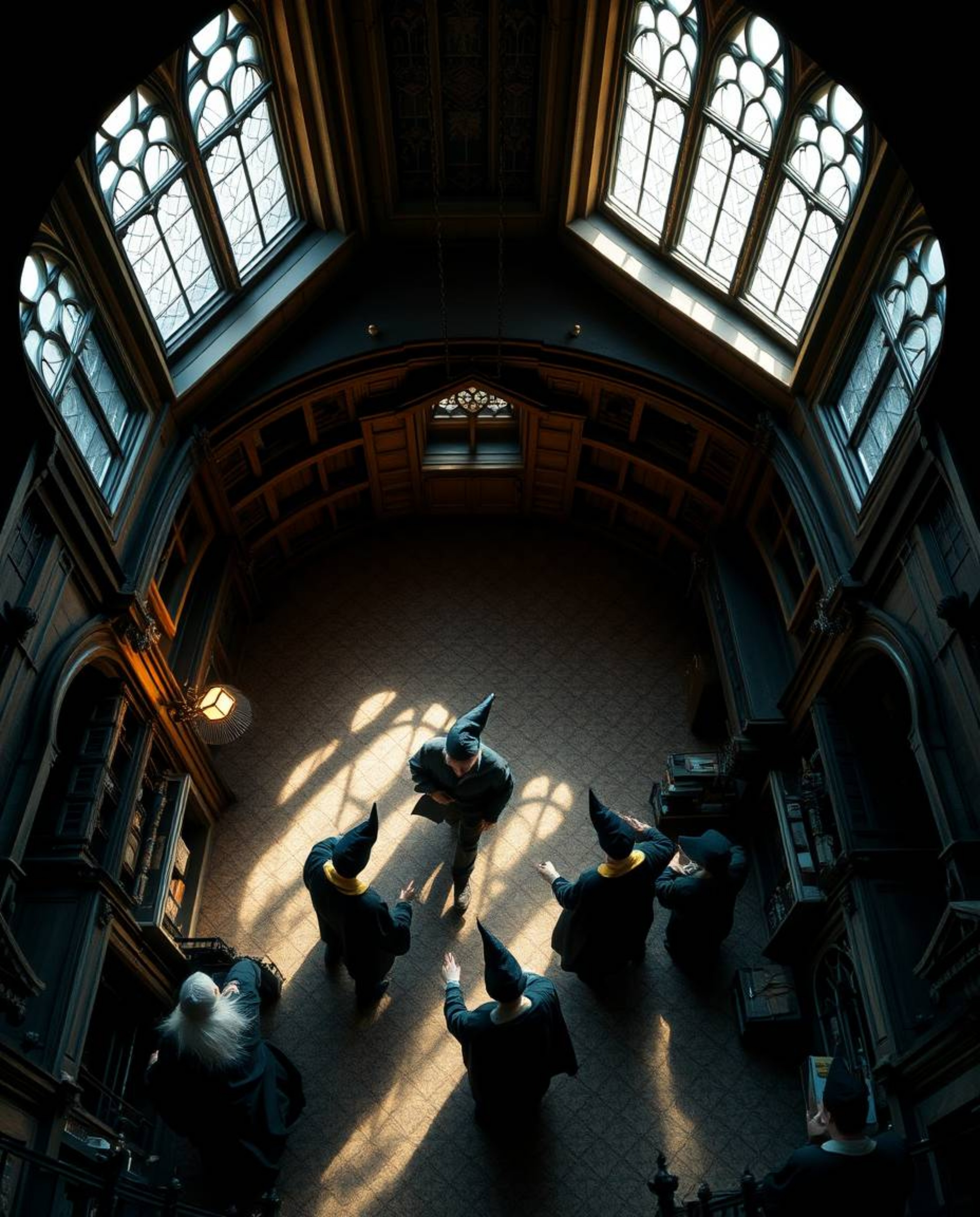This stunning overhead shot captures silhouetted wizards within a magical school, bathed in backlighting that accentuates the