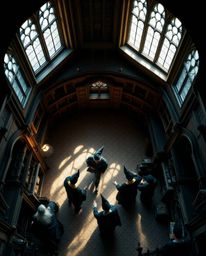 This stunning overhead shot captures silhouetted wizards within a magical school, bathed in backlighting that accentuates the