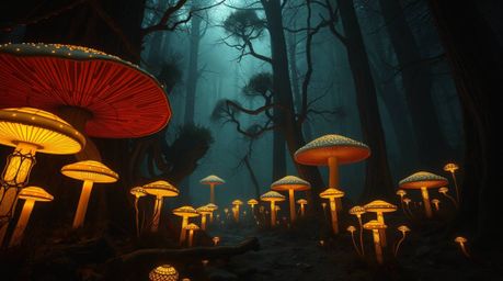 Experience a breathtaking, large-scale depiction of a vintage-style enchanted forest teeming with glowing mushrooms.  This ep