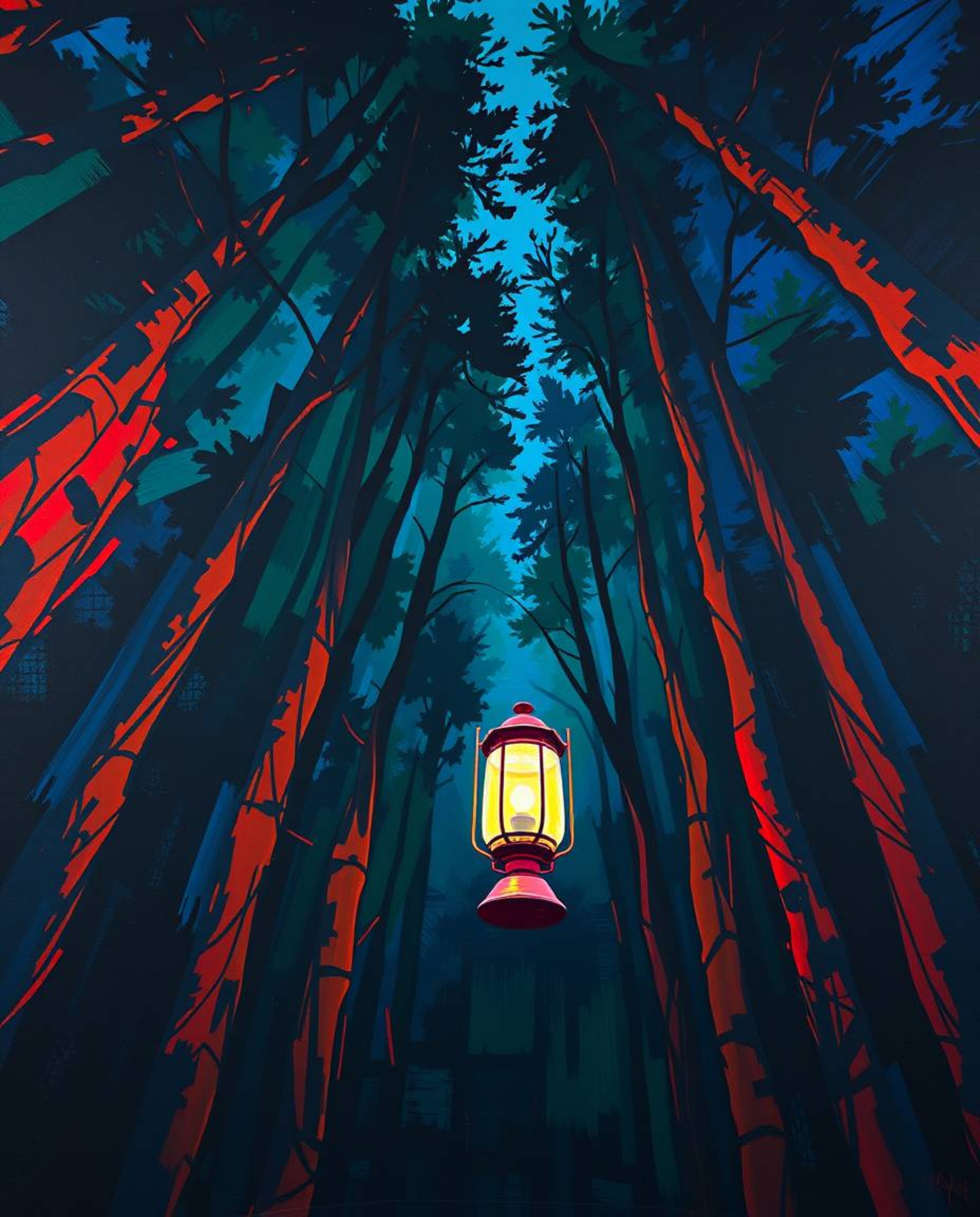 Experience the captivating allure of a bold acrylic painting depicting a glowing lantern in a dark forest.  The artwork showc