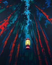 Experience the captivating allure of a bold acrylic painting depicting a glowing lantern in a dark forest.  The artwork showc