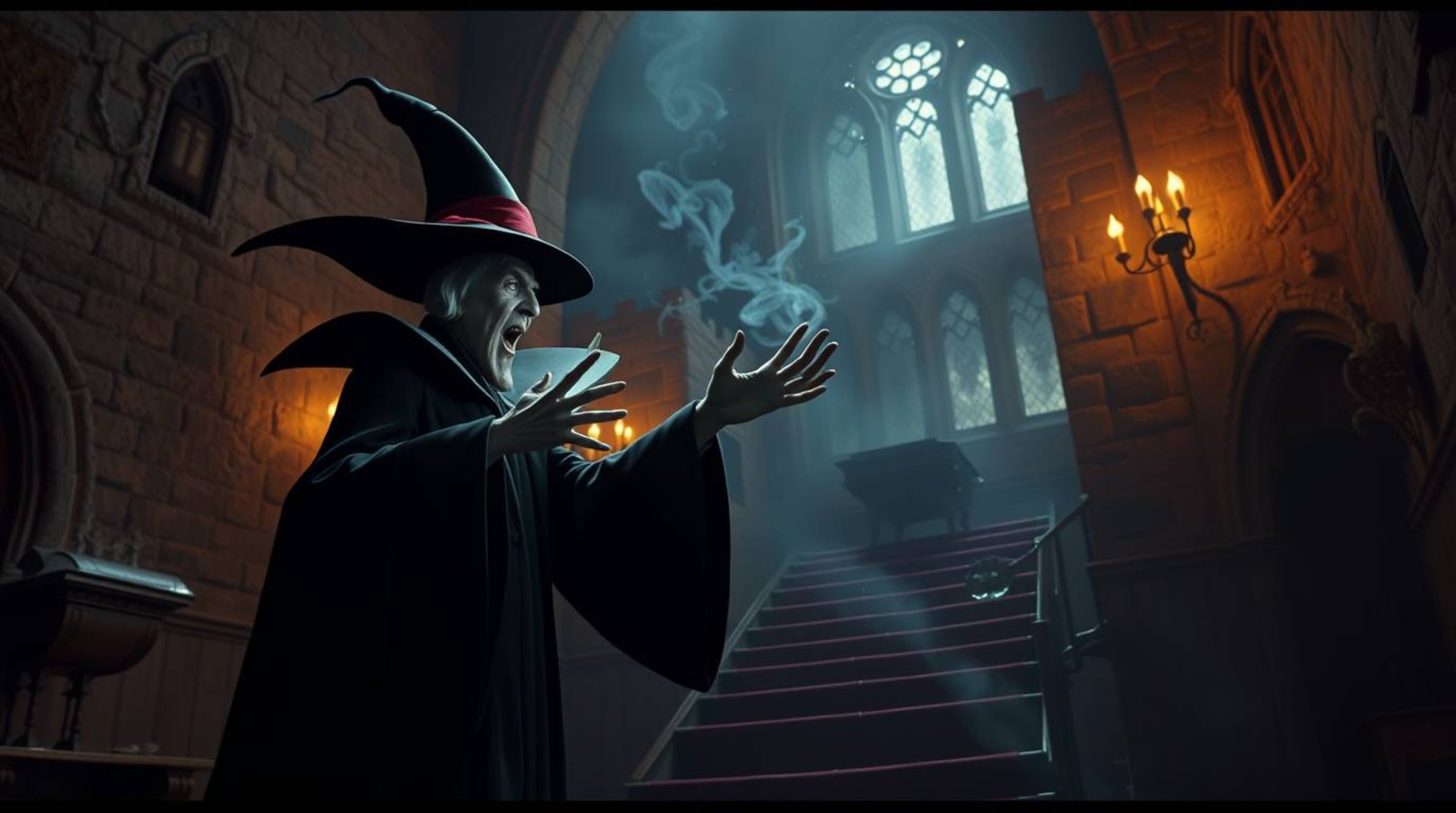 Explore a dreamlike realm of surreal visuals in a dramatic cinematic style. Witness a classic Disney villain casting a powerf