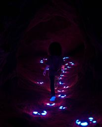 A captivating scene of a child with dark hair embarking on a magical adventure, following a trail of glowing bioluminescent f
