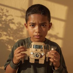 Exquisite high-fashion photography captures a bright-eyed boy building a remarkably lifelike cardboard spaceship in a vibrant