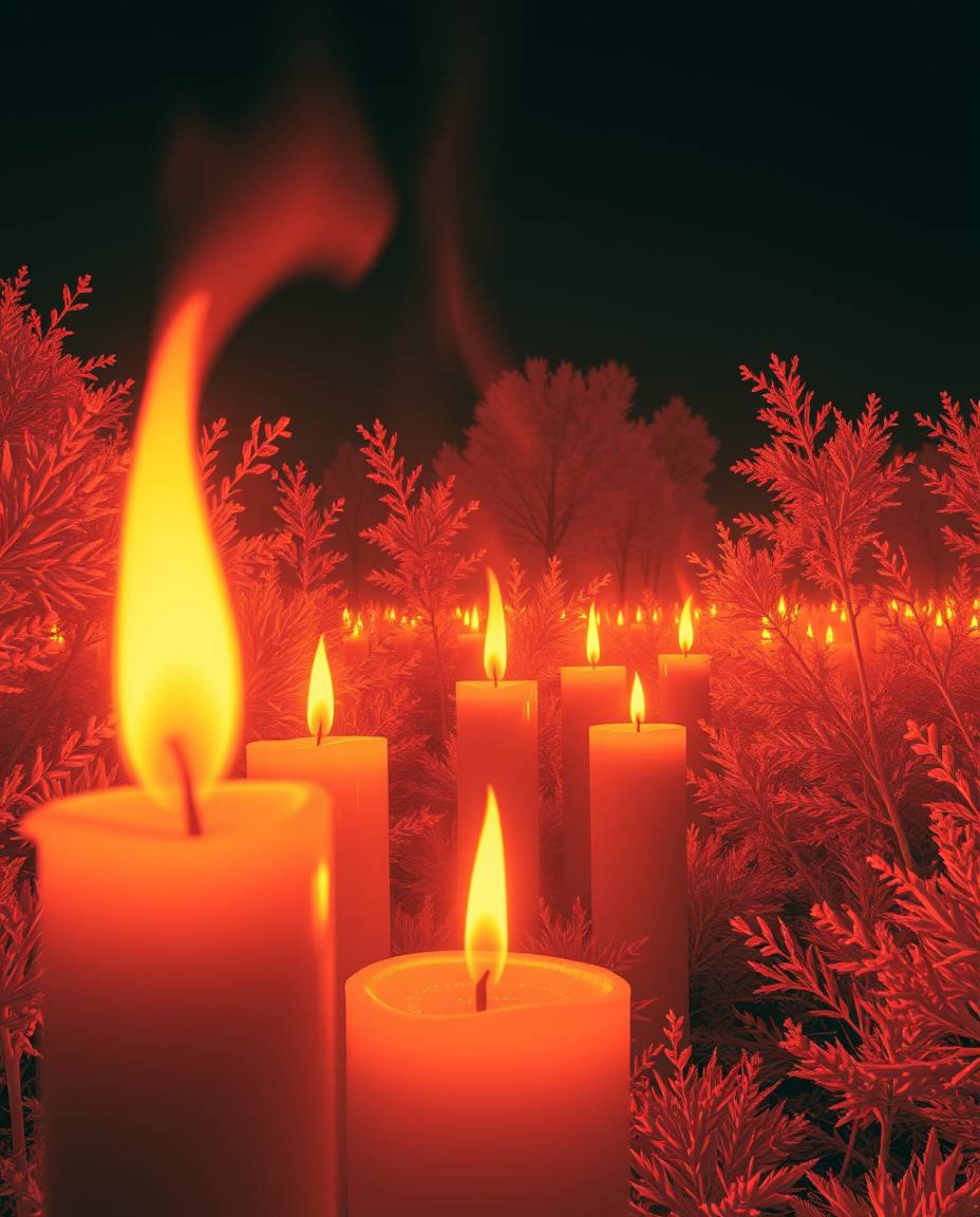 Experience the surreal beauty of warm candle lights cast in infrared tones, dancing within a glitching digital landscape.  Fl