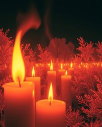Experience the surreal beauty of warm candle lights cast in infrared tones, dancing within a glitching digital landscape.  Fl