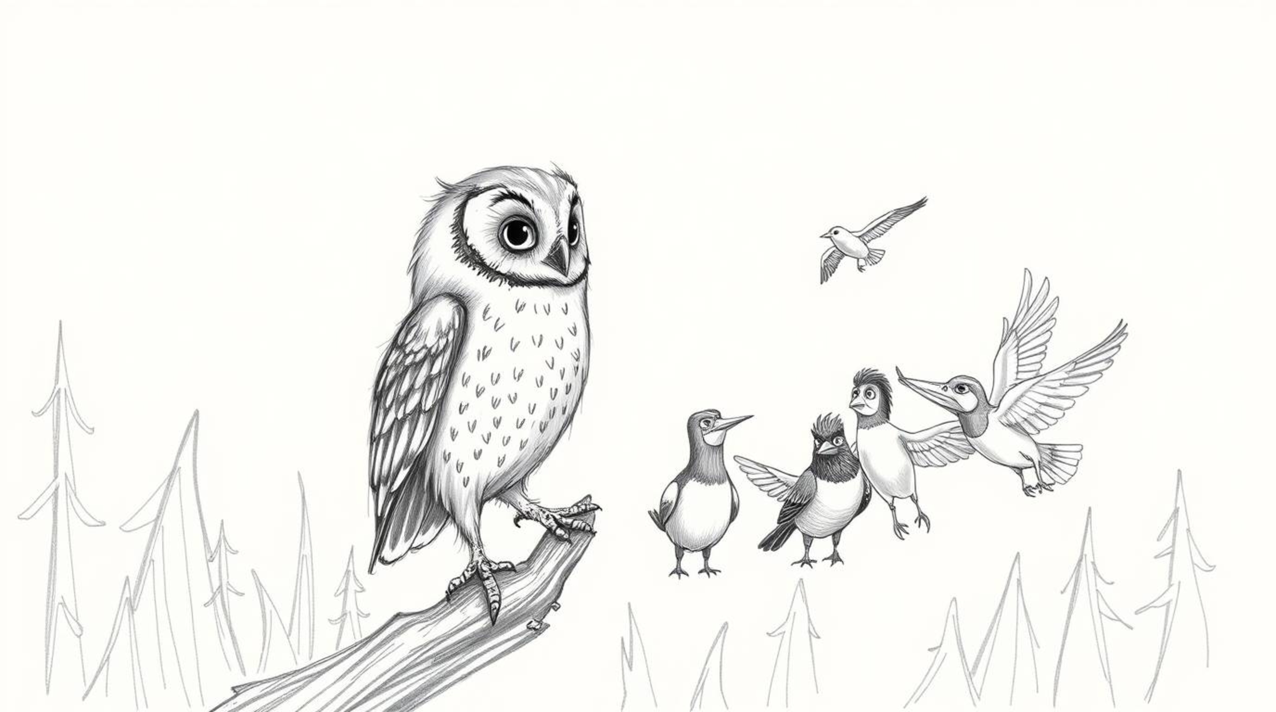 A captivating hand-drawn sketch, reminiscent of Pixar animation, depicts a blind owl with soft, downy feathers patiently teac