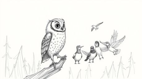 A captivating hand-drawn sketch, reminiscent of Pixar animation, depicts a blind owl with soft, downy feathers patiently teac