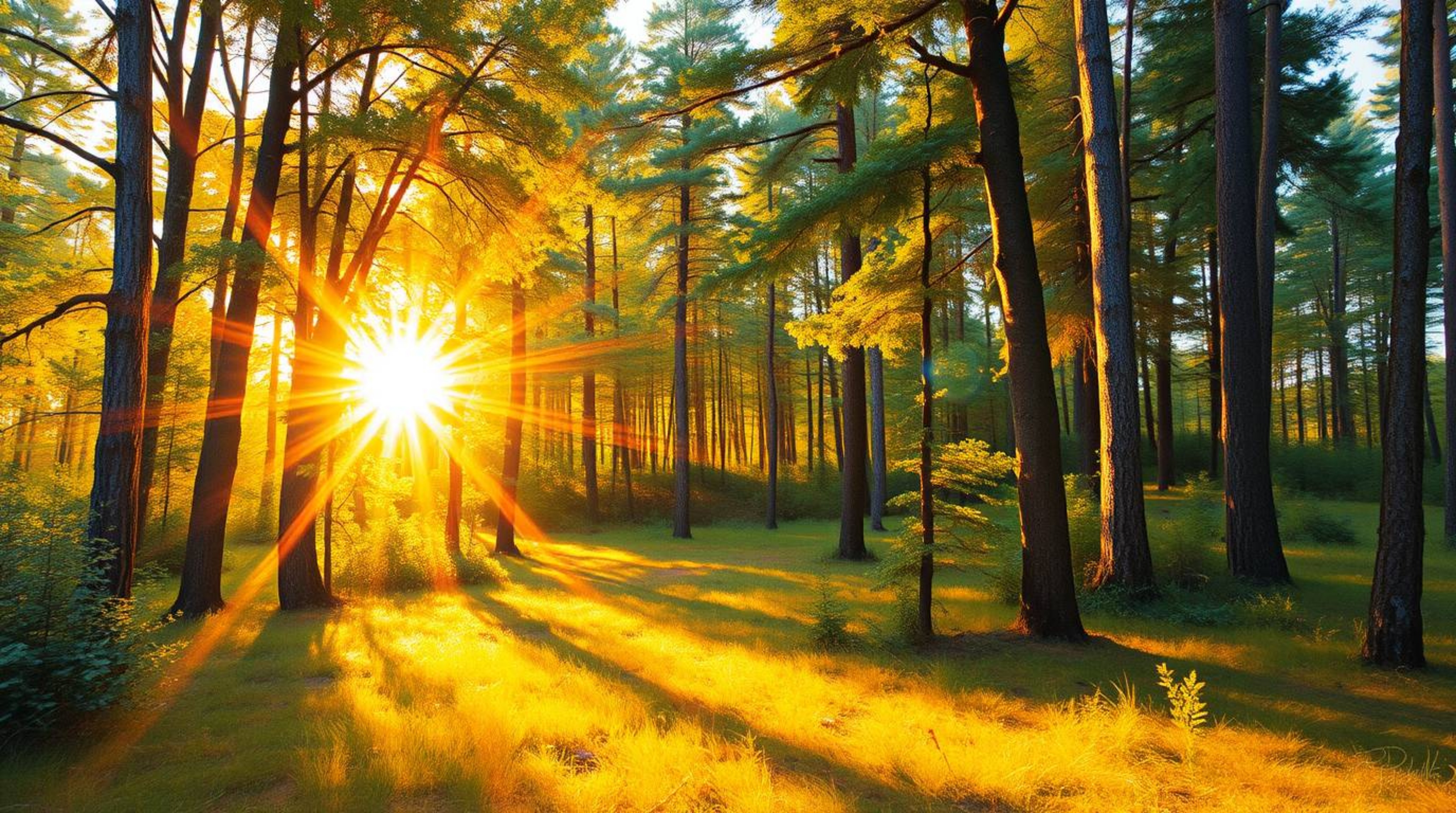 A captivating classic oil painting depicting a forest scene bathed in the warm glow of the golden hour. The artwork features 
