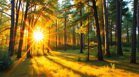 A captivating classic oil painting depicting a forest scene bathed in the warm glow of the golden hour. The artwork features 