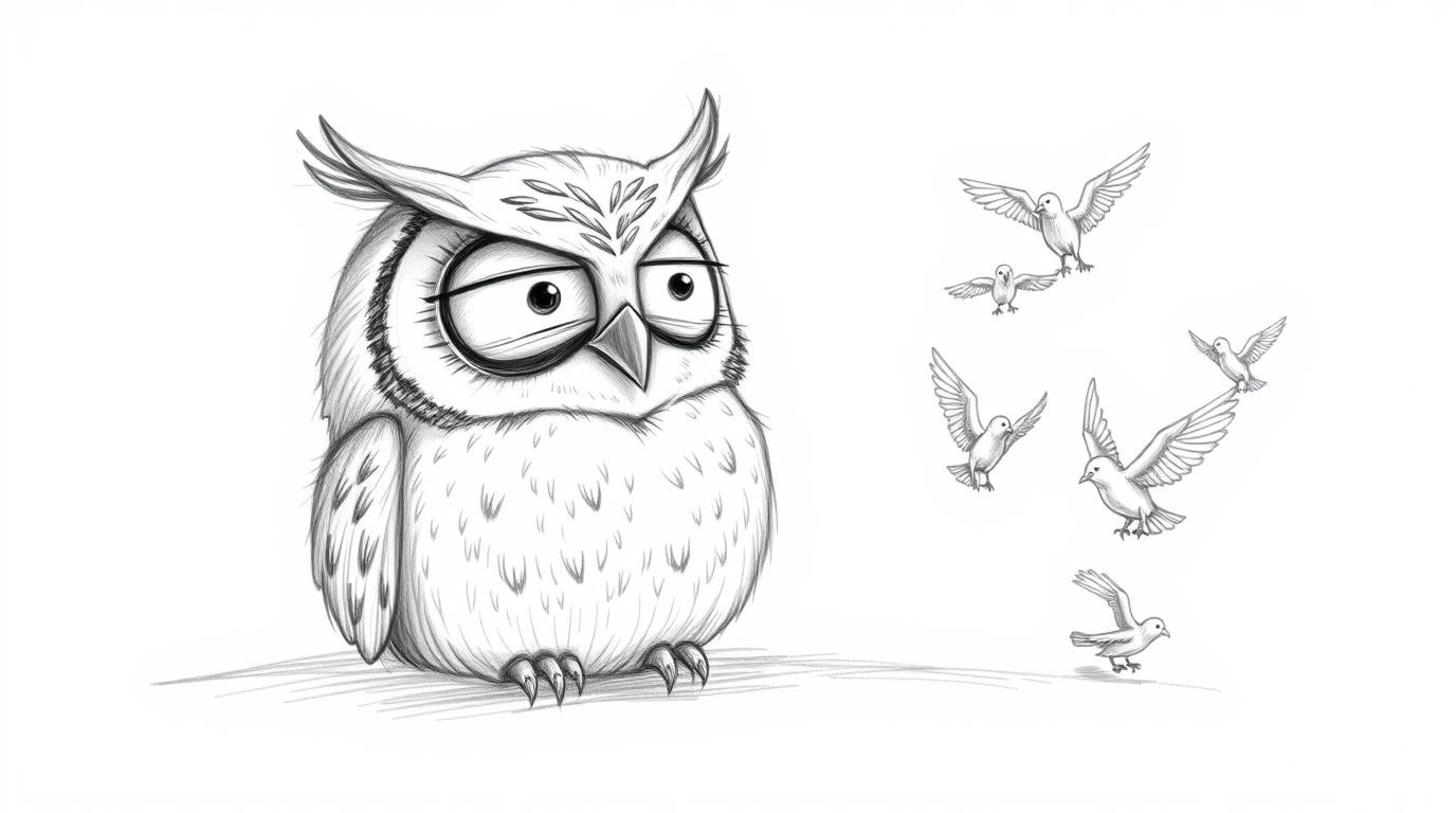 A rough, textured pencil sketch on a white background depicts a blind owl, rendered in Pixar style with large, expressive eye