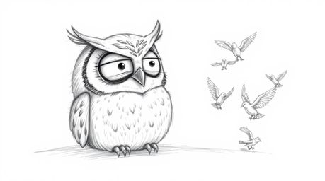 A rough, textured pencil sketch on a white background depicts a blind owl, rendered in Pixar style with large, expressive eye