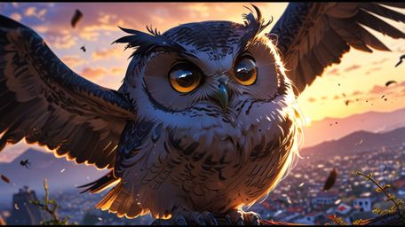 A stunning and hopeful scene, rendered in a beautiful blend of Pixar and anime styles. A wise blind owl, its silhouette perfe
