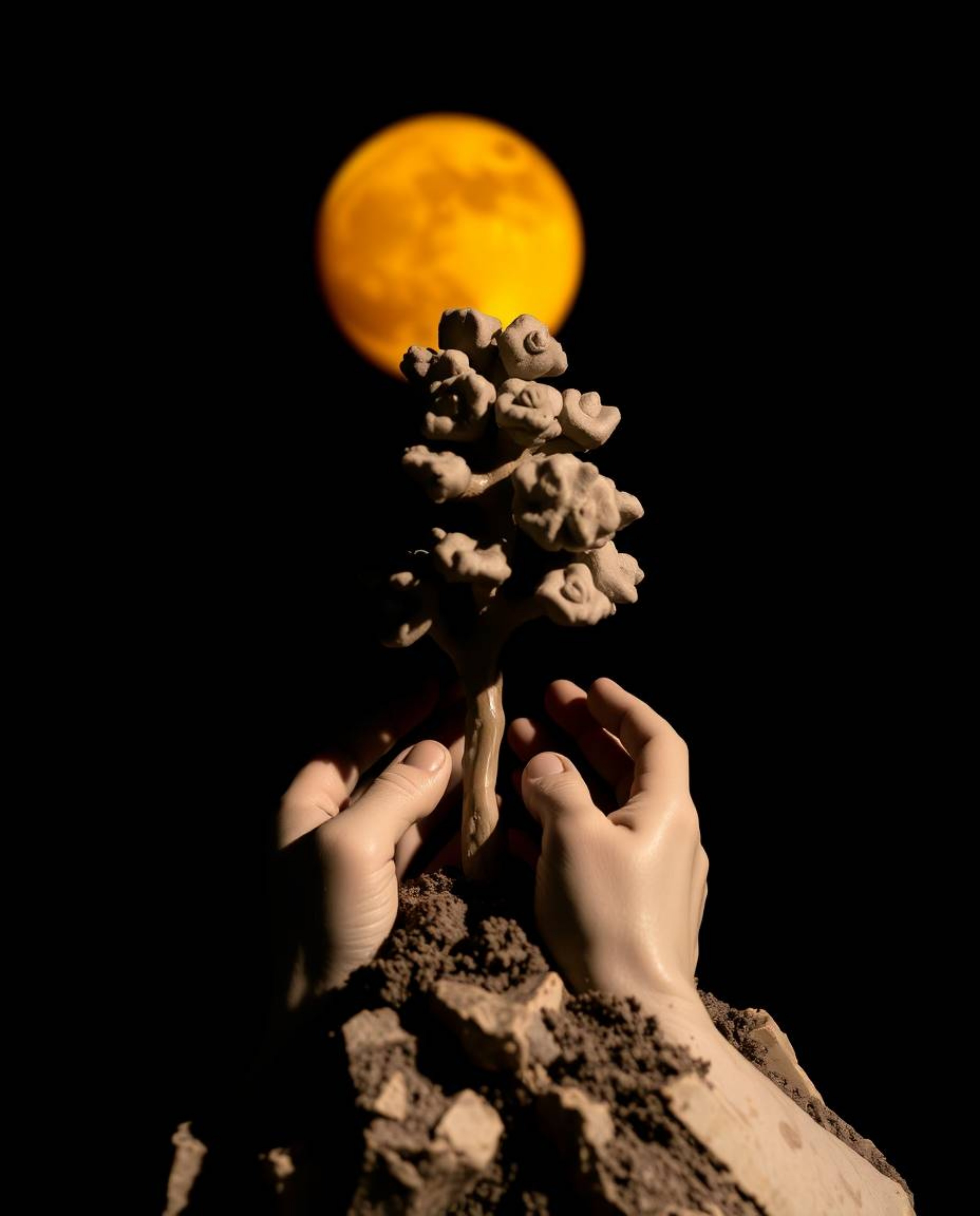 Discover stunning sculptural clay art featuring hands planting a tree under a vibrant golden sky.  The artwork showcases dram