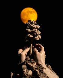 Discover stunning sculptural clay art featuring hands planting a tree under a vibrant golden sky.  The artwork showcases dram