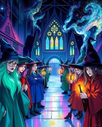 Explore a breathtaking illustration of a magical school teeming with young wizards, brought to life with iridescent colors an