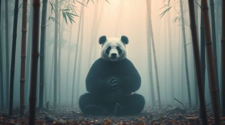 A serene martial artist panda finds inner peace meditating deep within a bamboo forest enveloped in a thick, mystical fog. Th