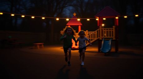 Experience the artistry of a dramatic slow-motion run through a playground, captured in a fine art photography style. Bathed 