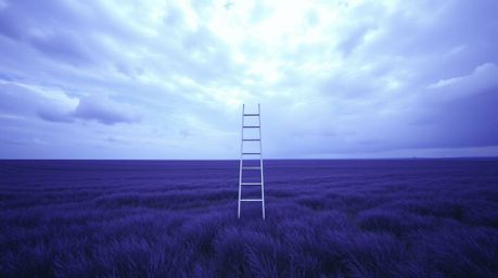 A minimalist scene featuring a silver ladder standing prominently in an open field beneath a vast, cloudy sky, serving as an 