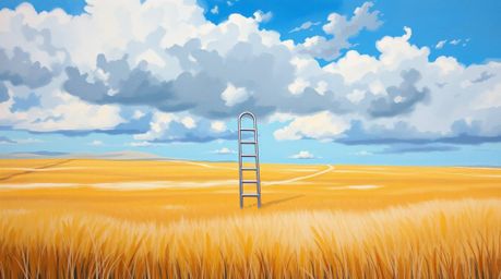 A minimalist scene featuring a silver ladder in an open field beneath a cloudy sky, rendered in a bold acrylic style. The art