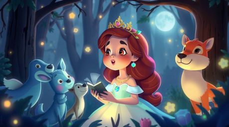 A vibrant image showcasing a princess singing with forest animals in a vintage 2D animation style, bathed in glowing biolumin