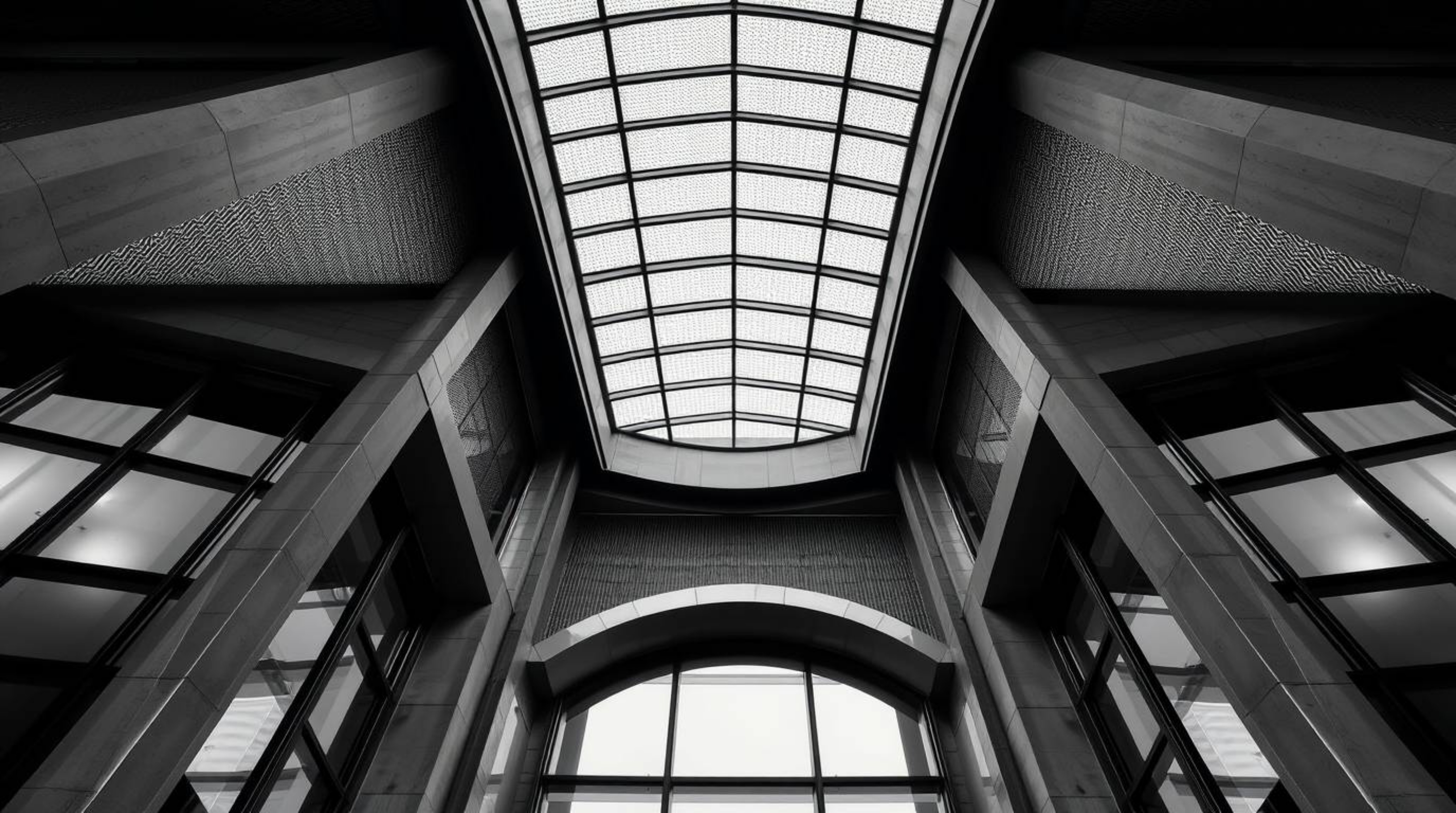 This striking image showcases a classic black and white architectural photograph infused with a gradient mesh pattern.  The s