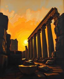 A classic oil painting, rendered from a low angle perspective, shows ancient stone ruins silhouetted against a sunset. The st