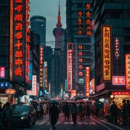 Experience the vibrant energy of a bustling street in a modern Asian megacity.  Neon signs illuminate towering high-rise buil
