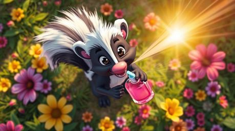 This whimsical illustration features a cartoon skunk spraying perfume on flowers from a bird's-eye perspective. Bright lens f