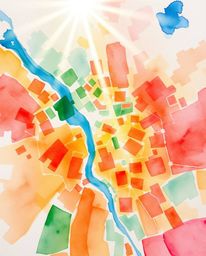 A captivating watercolor painting depicts an abstract city map composed of vibrant geometric shapes, viewed from a bird's-eye