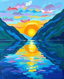 A bold acrylic painting of a glassy fjord reflecting a sunset, brought to life with vibrant blues, greens, and purples. Textu