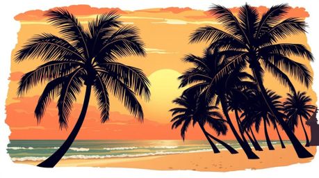 A captivating illustration depicts a graceful and elegant tropical beach sunset scene.  Warm autumnal colors bathe swaying pa