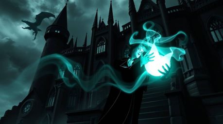 A classic Disney villain casting a spell within the walls of a massive, heroic old castle is brought to life in this striking