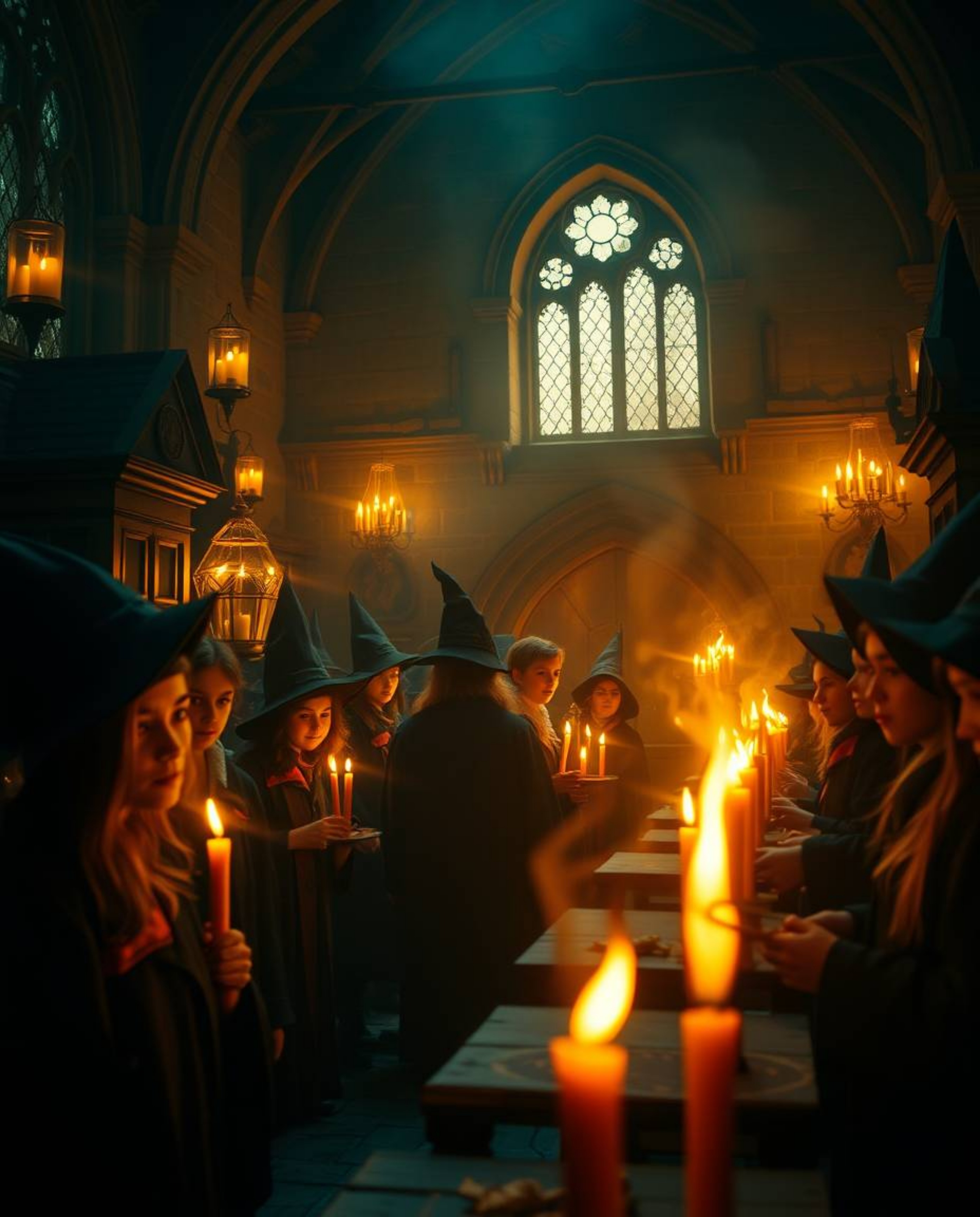 Immerse yourself in a dramatic, cinematic scene within a magical school teeming with young wizards. Warm candlelight bathes t