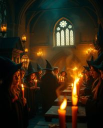 Immerse yourself in a dramatic, cinematic scene within a magical school teeming with young wizards. Warm candlelight bathes t