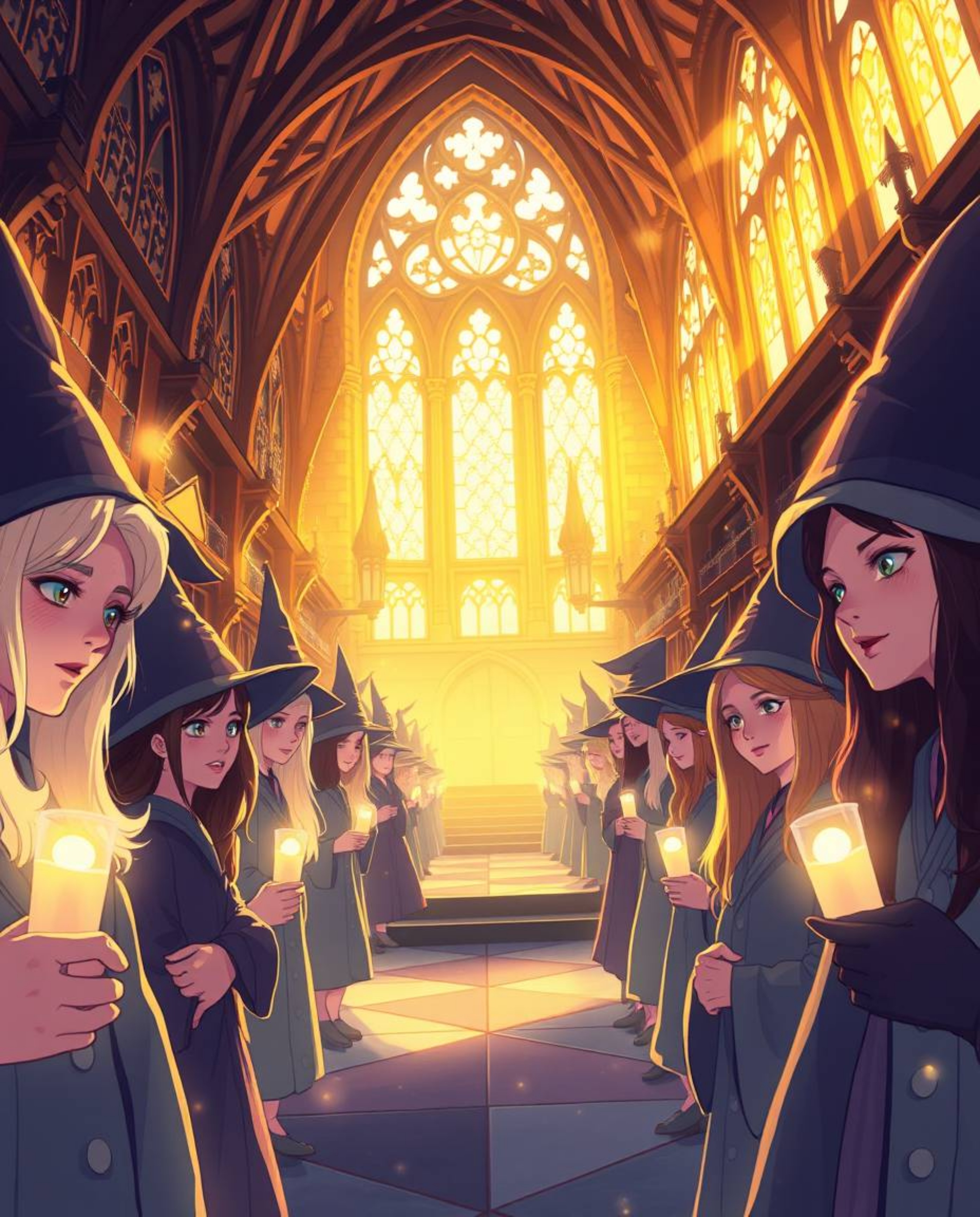 Immerse yourself in a breathtaking illustration of a magical school brimming with young wizards, bathed in the warm, enchanti