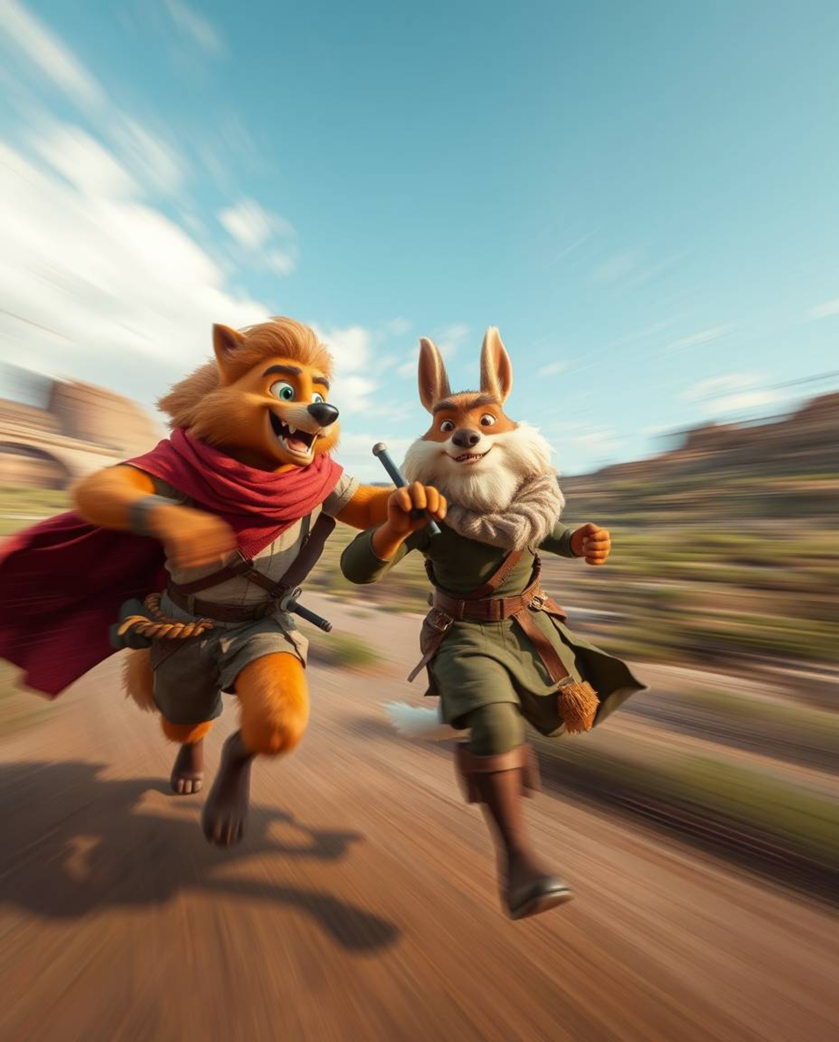 This scene captures a dynamic action shot of a hero embarking on a journey, aided by a talking animal sidekick. The use of bl