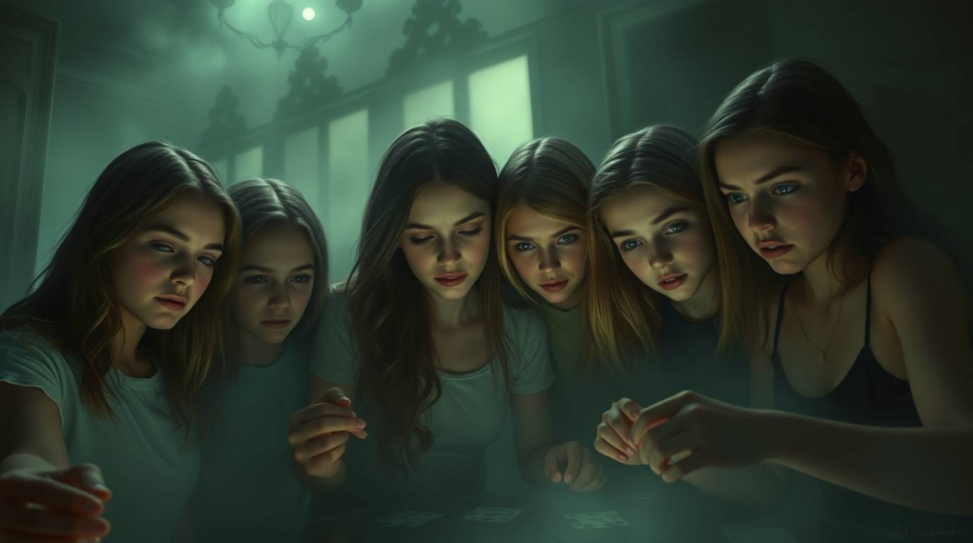 A group of teens with delicate features unravels a series of mysterious puzzles within a hazy, softly lit haunted mansion.  T
