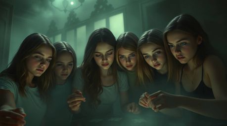 A group of teens with delicate features unravels a series of mysterious puzzles within a hazy, softly lit haunted mansion.  T