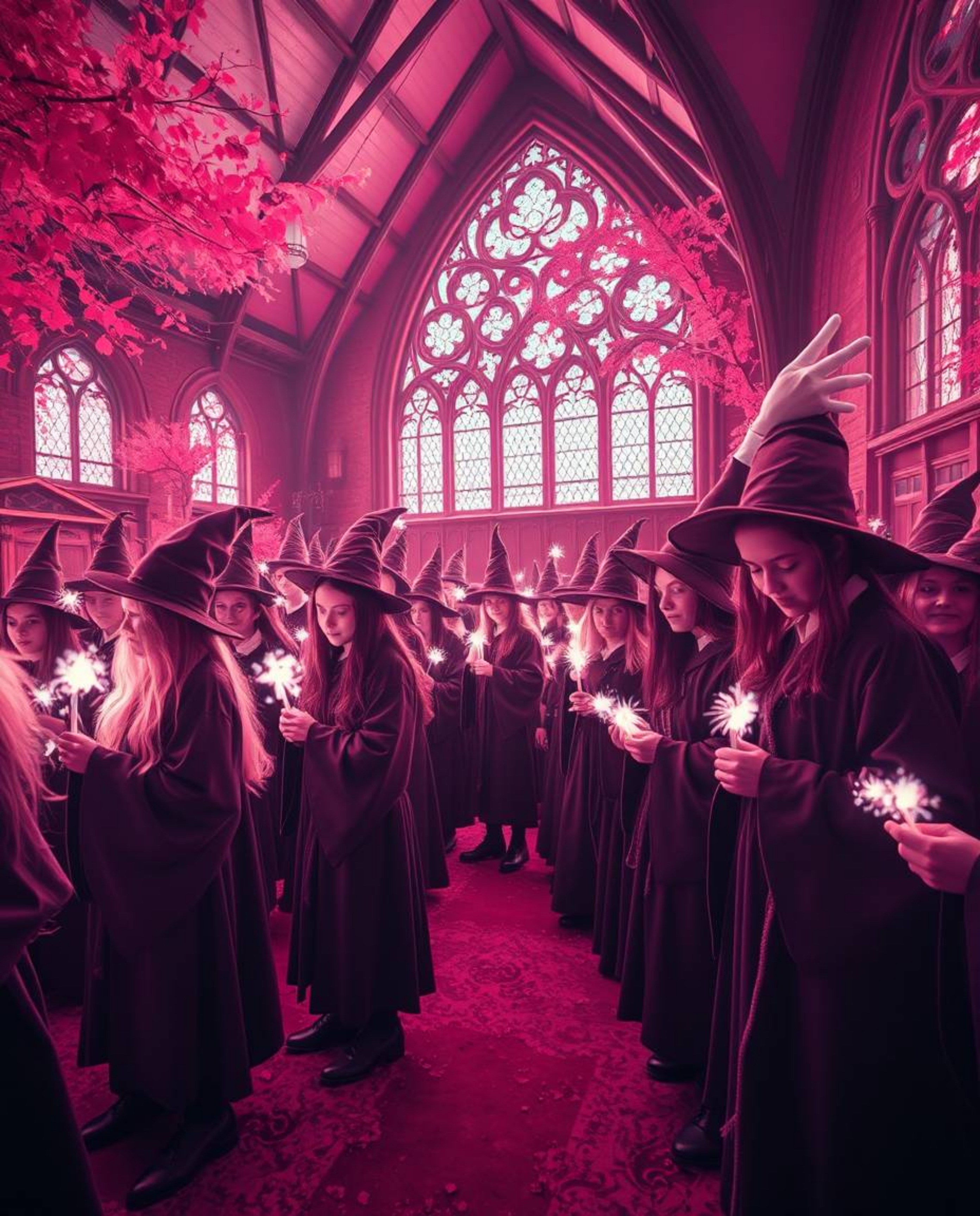 Explore a surreal infrared image capturing a magical school teeming with young wizards. Ethereal light auras emanate from the