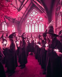 Explore a surreal infrared image capturing a magical school teeming with young wizards. Ethereal light auras emanate from the