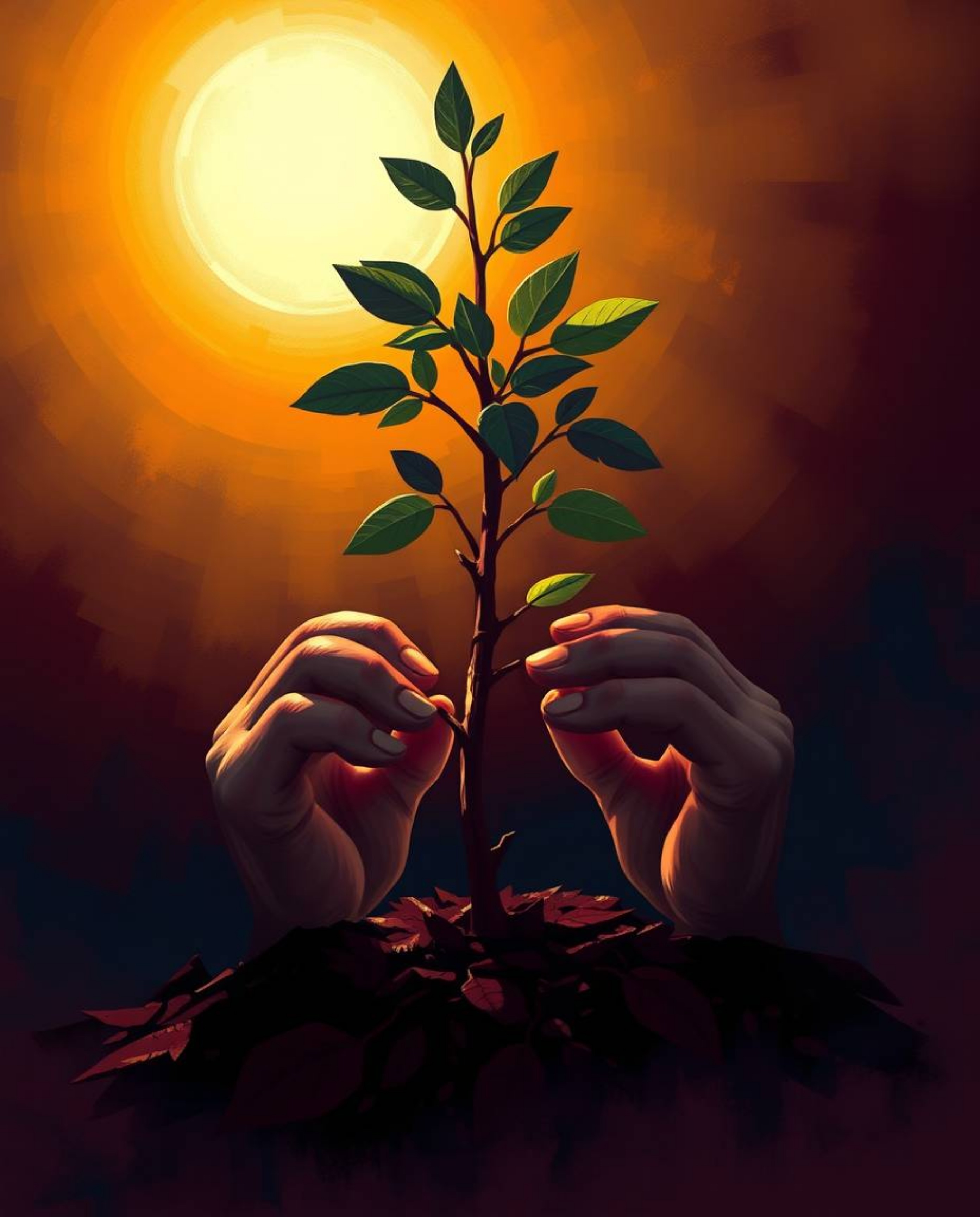 A captivating digital painting showcases adorable hands planting a tree under a breathtaking golden sky.  The high-contrast, 