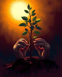 A captivating digital painting showcases adorable hands planting a tree under a breathtaking golden sky.  The high-contrast, 