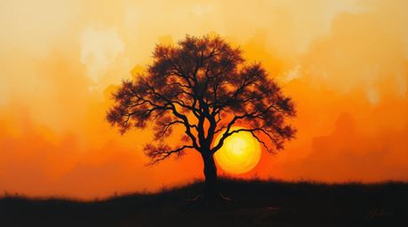 A captivating oil painting depicting a lone tree silhouetted against a vibrant fiery sunset.  The artwork showcases rich text
