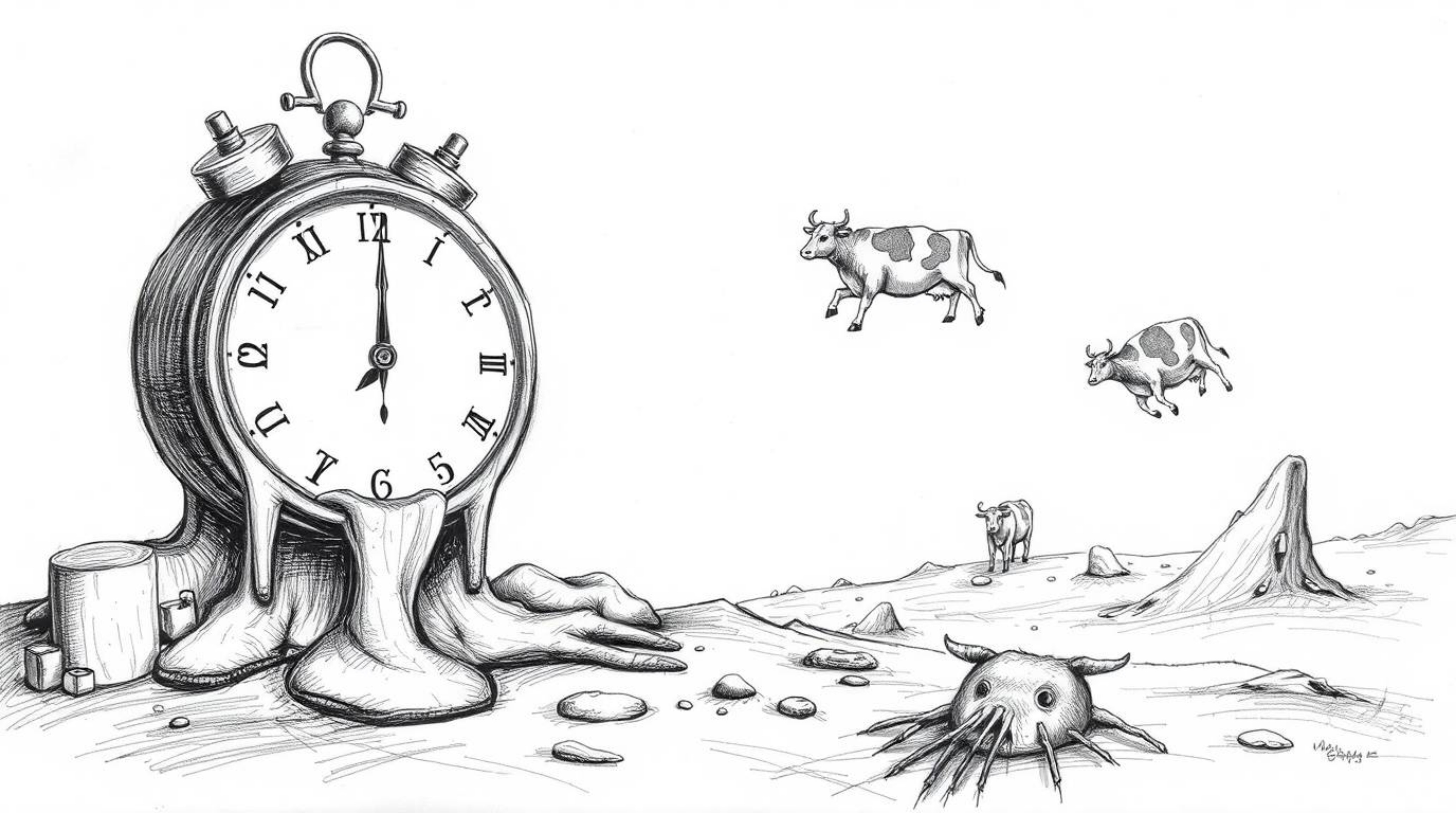 Explore a hand-drawn pencil sketch of a surreal dreamscape featuring melting clocks and floating cows. This artwork, characte
